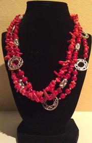 Red Beaded and Silver 3 Strand Necklace 181//280