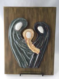 Ceramic sculpture mounted on a wooden board 202//269