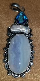 Sky Blue Topaz Biwa Pearl Jasper Pendant with Collar 138//280
