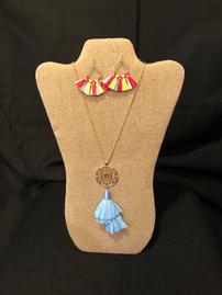 Blue fringed paper tassel necklace with multicolored tassel earrings 202//269