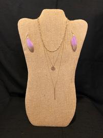 Gold layer necklace with purple and gold feather earring set 202//269