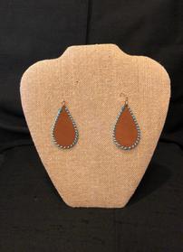 Brown leather teardrop with turquoise stitching earrings 202//279