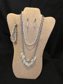 Translucent elaborately beaded and silver chain neacklace, bracelet, and earring set 202//269