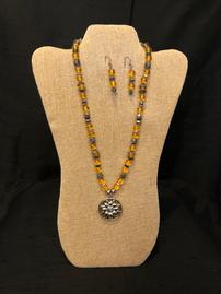 Translucent amber and pewter accent beads necklace with sun pendant & earring set 202//269