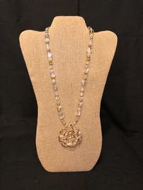 Translucent with gold accent beaded neacklace with floral pendant outlined in gold 202//269