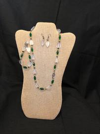 Translucent leaf beads with green bugle beaded necklace, bracelet, and earring set 202//269