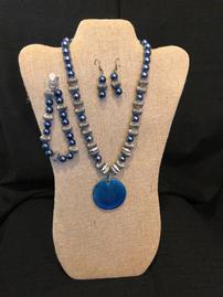 Midnight blue and pewter beaded necklace with enameled pendant, bracelet & earring set 202//269